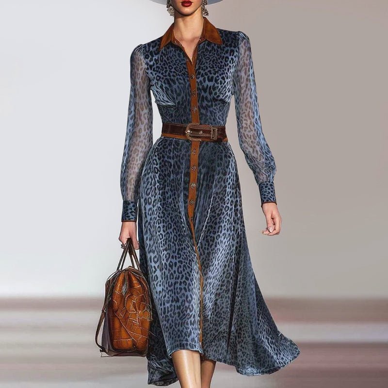 Belted Leopard Print Shirt Midi Dress