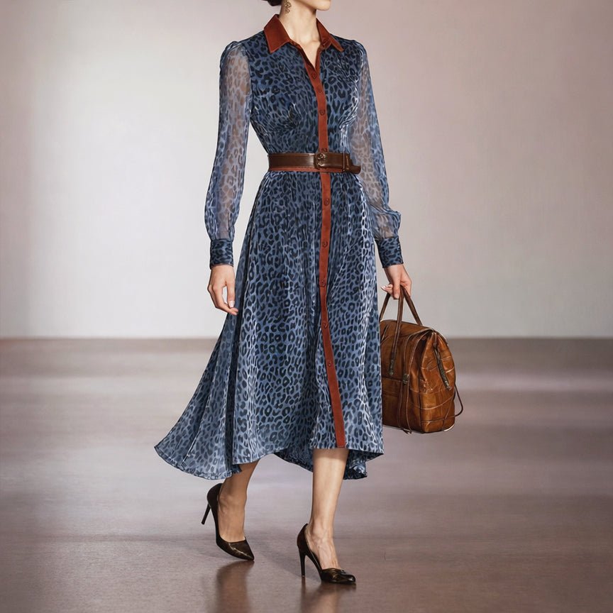 Belted Leopard Print Shirt Midi Dress