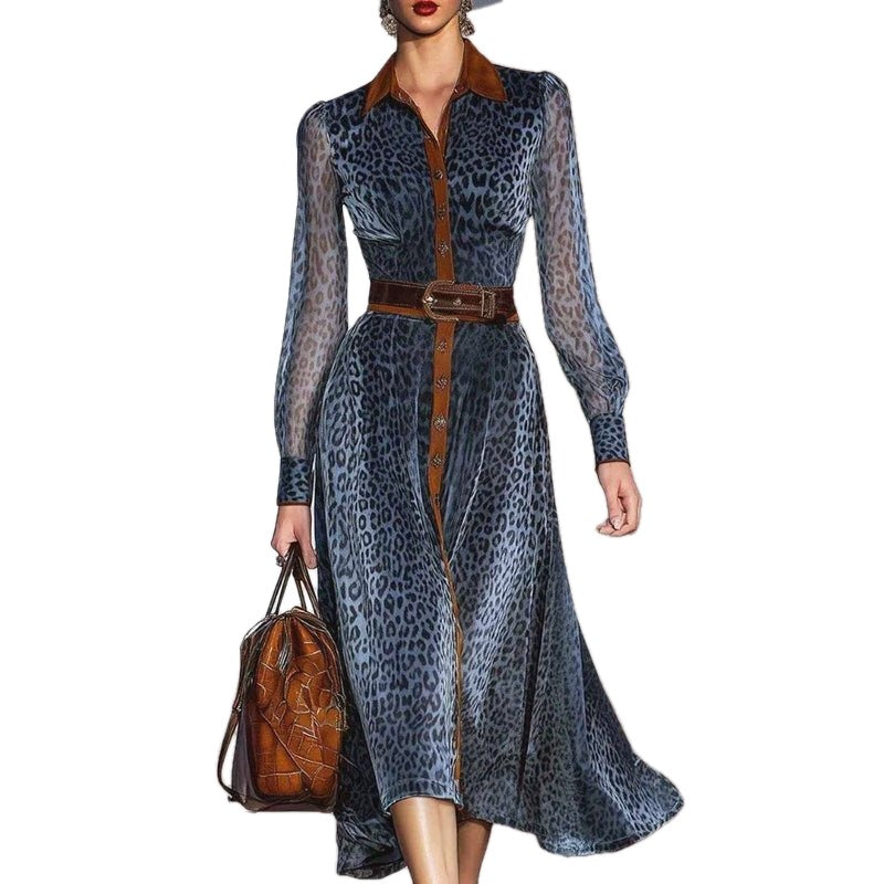 Belted Leopard Print Shirt Midi Dress
