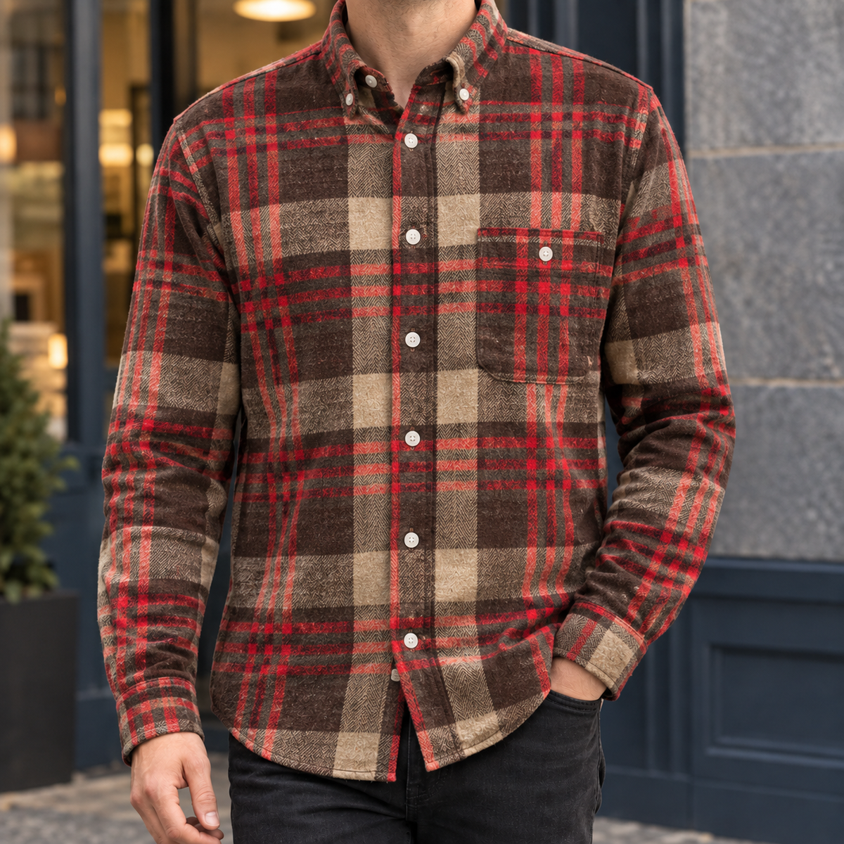 Brushed Cotton Blend Plaid Shirt