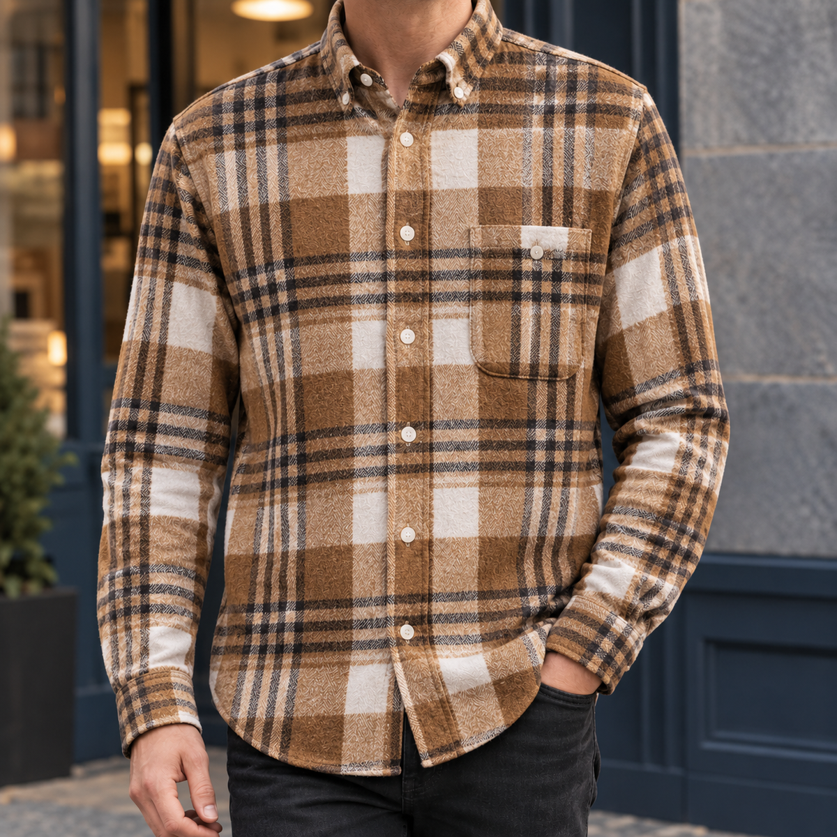 Brushed Cotton Blend Plaid Shirt