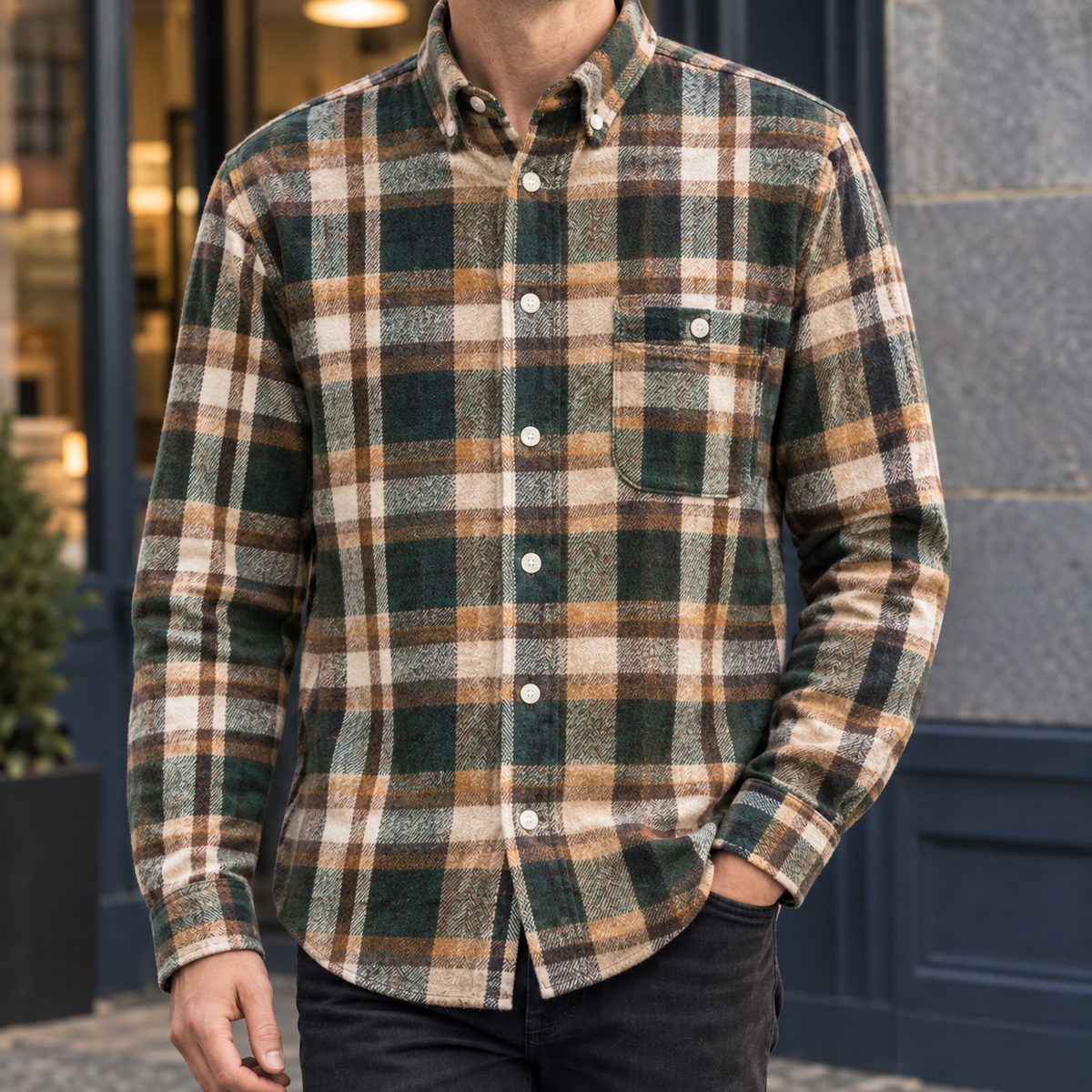 Brushed Cotton Blend Plaid Shirt