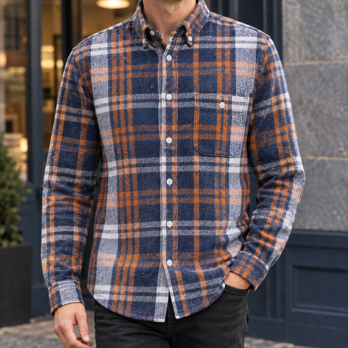 Brushed Cotton Blend Plaid Shirt