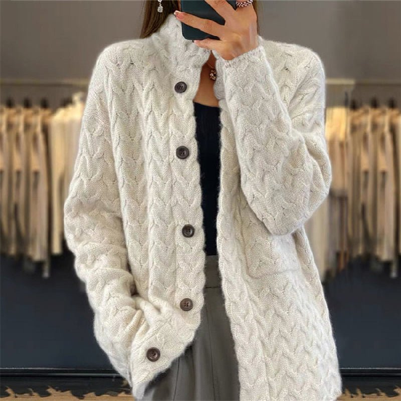 Cable Knit High Neck Button Cardigan
