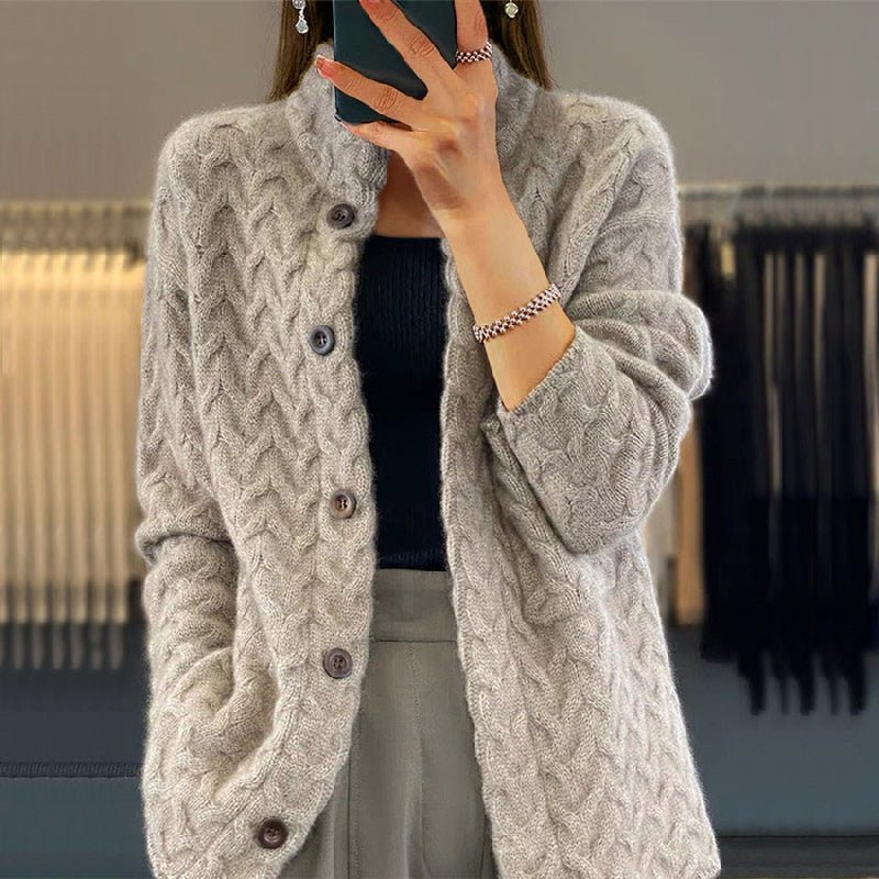 Cable Knit High Neck Button Cardigan