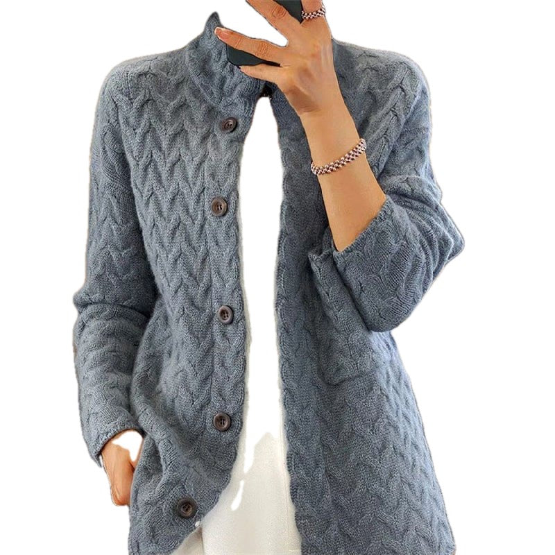 Cable Knit High Neck Button Cardigan