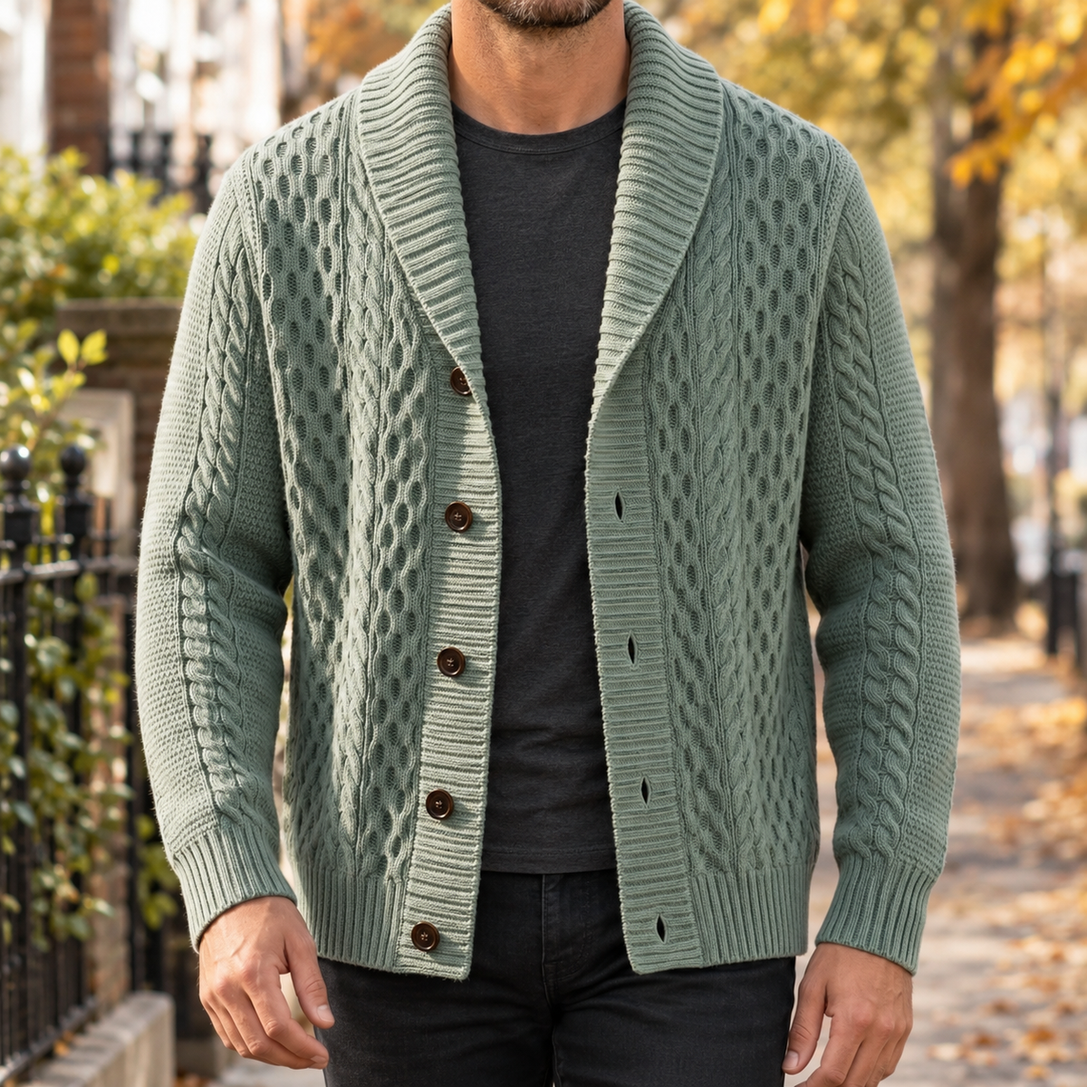 Cable Knit Shawl Collar Cardigan Button Front