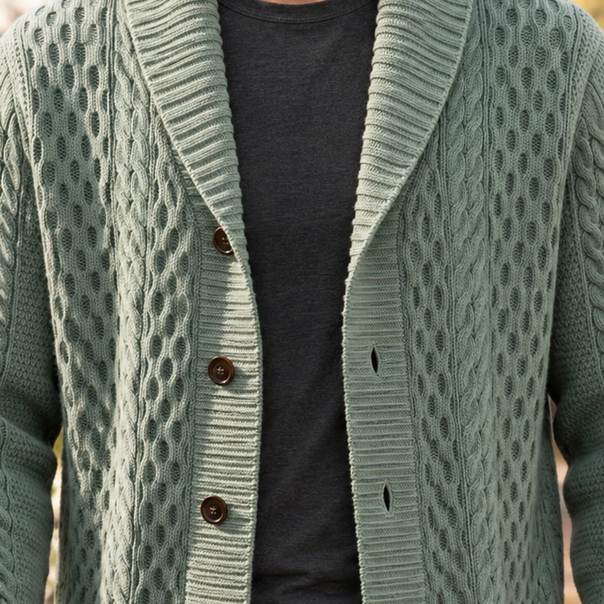 Cable Knit Shawl Collar Cardigan Button Front