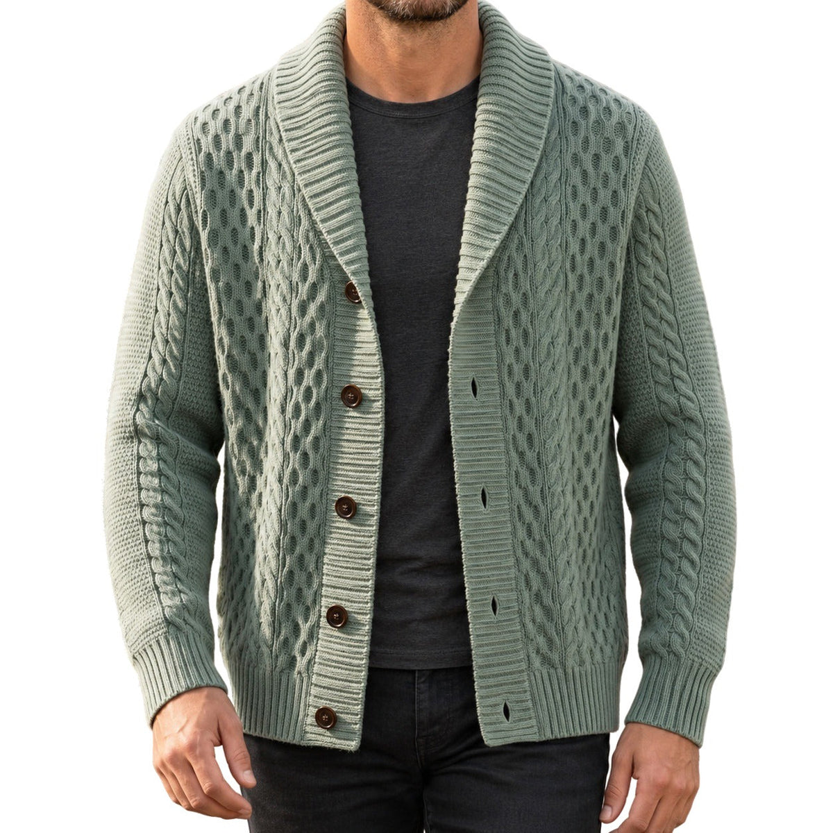 Cable Knit Shawl Collar Cardigan Button Front