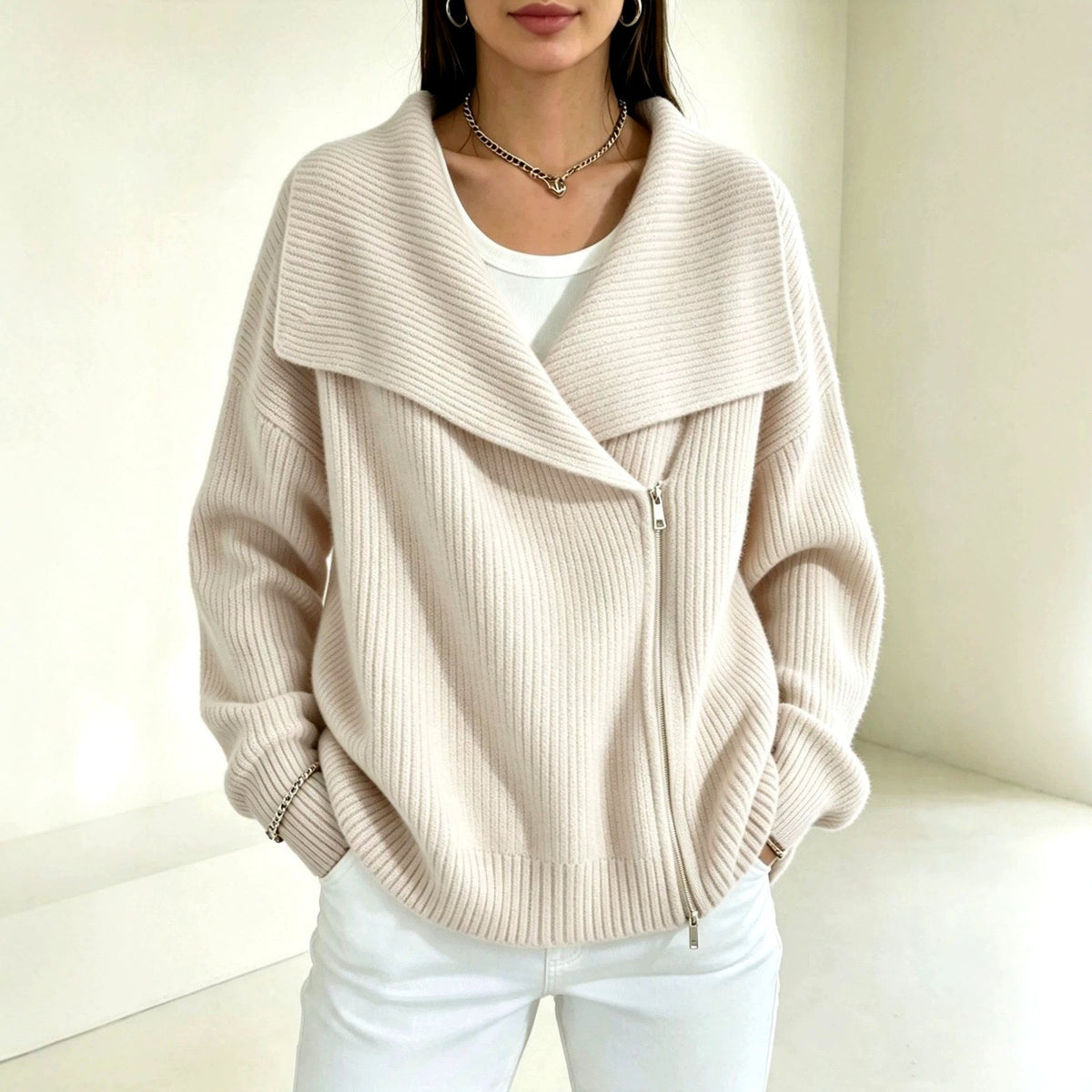 Chunky Ribbed Asymmetric Zip Cardigan Wide Collar