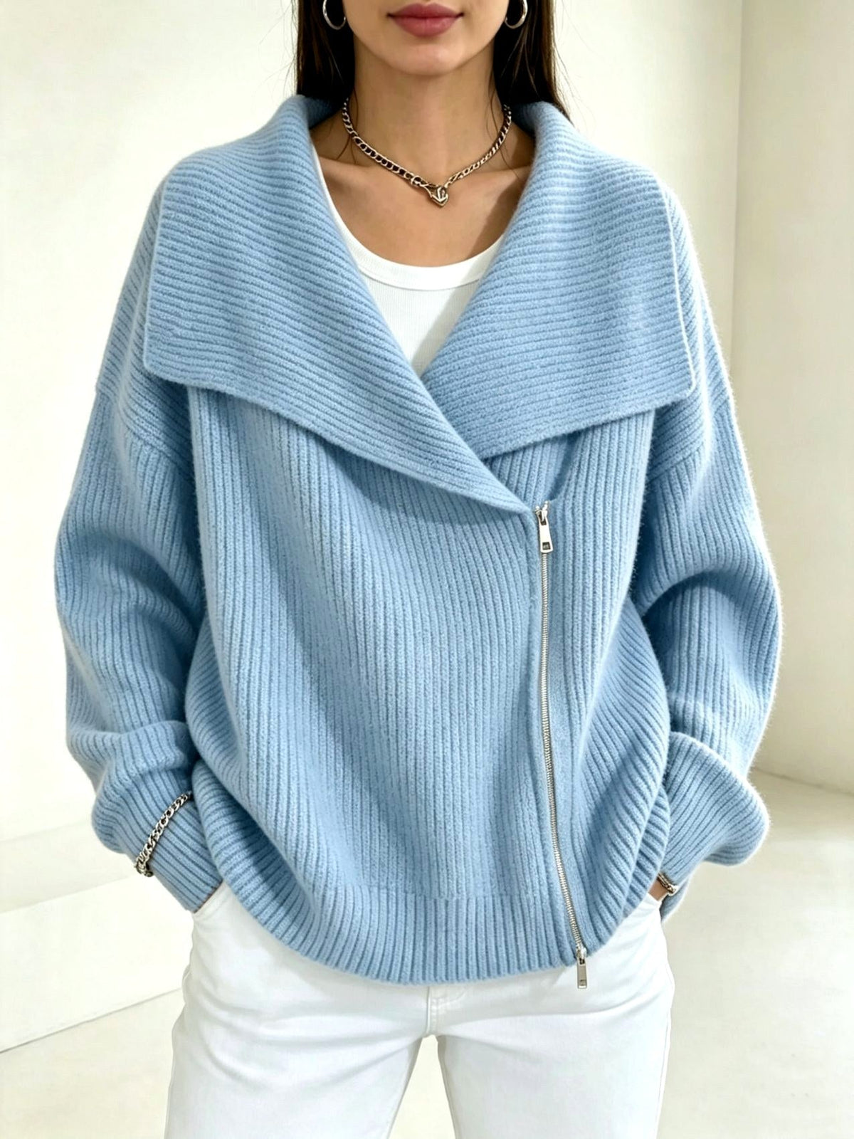 Chunky Ribbed Asymmetric Zip Cardigan Wide Collar