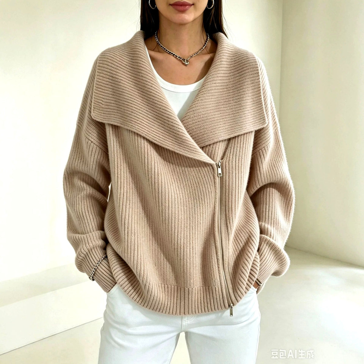 Chunky Ribbed Asymmetric Zip Cardigan Wide Collar