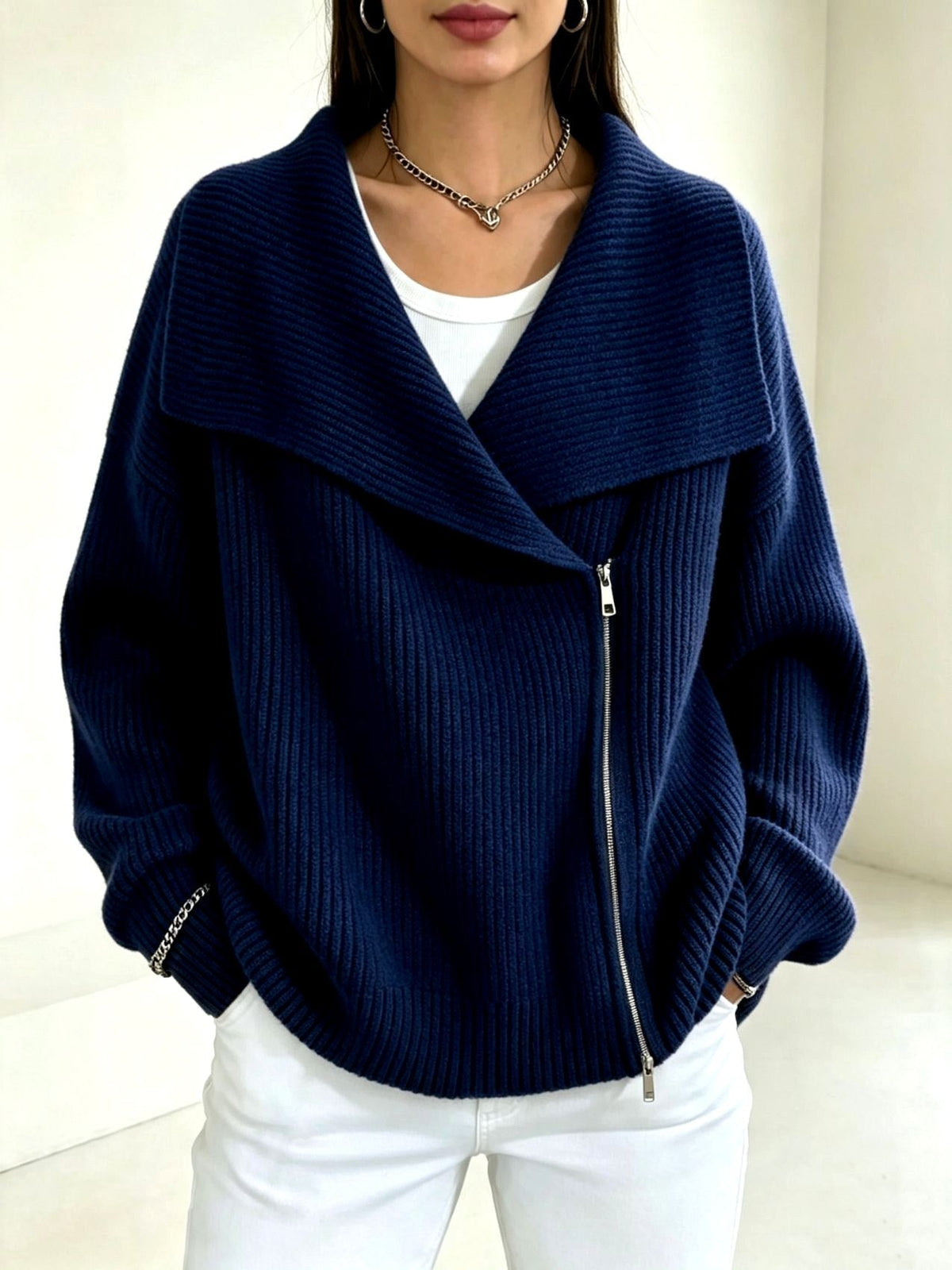 Chunky Ribbed Asymmetric Zip Cardigan Wide Collar