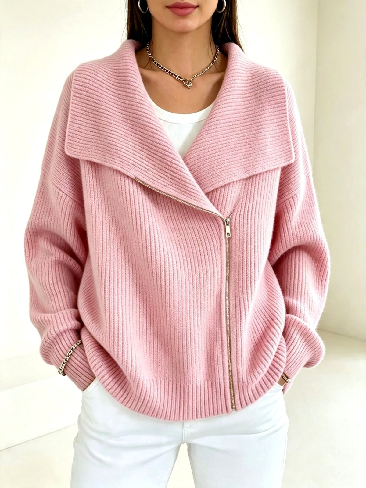 Chunky Ribbed Asymmetric Zip Cardigan Wide Collar