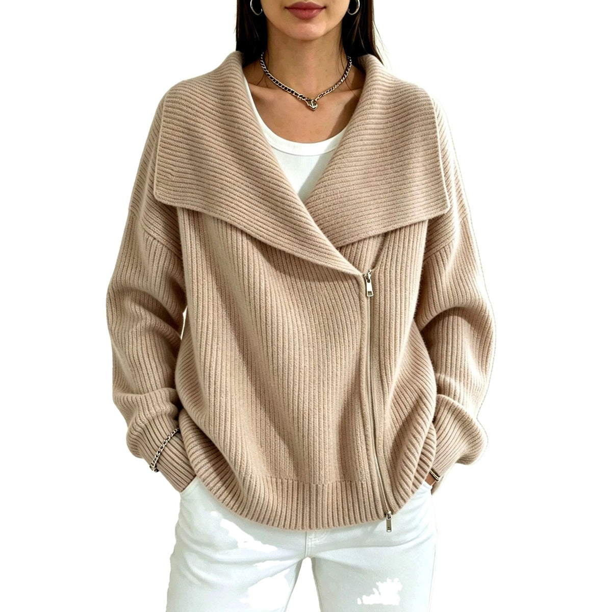 Chunky Ribbed Asymmetric Zip Cardigan Wide Collar