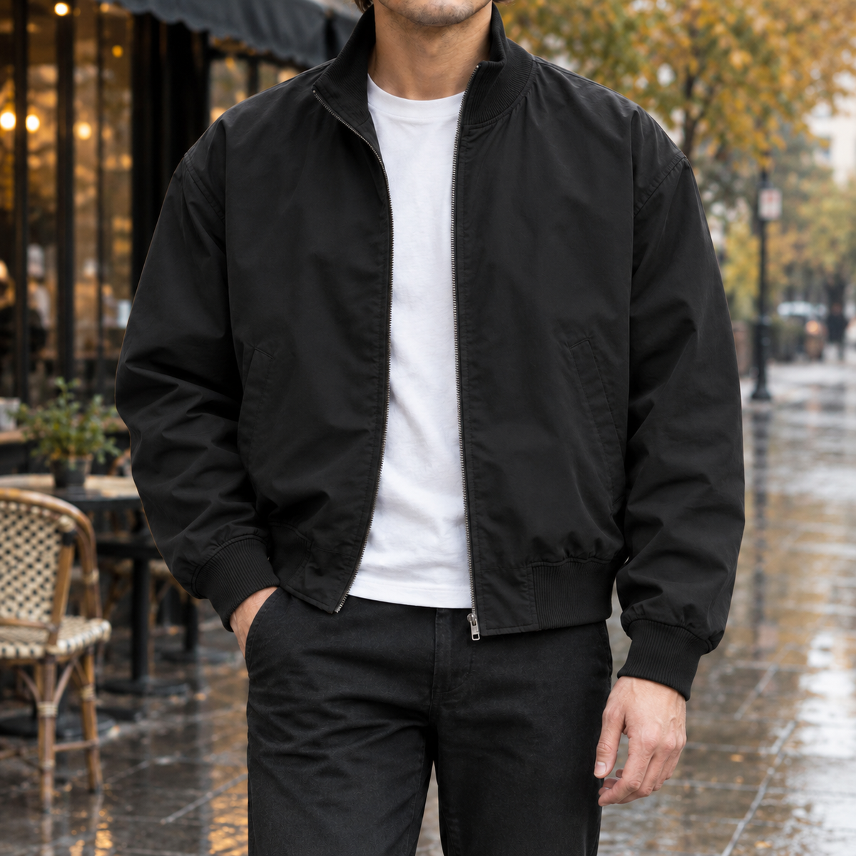 Classic Woven Bomber Jacket Ribbed Collar