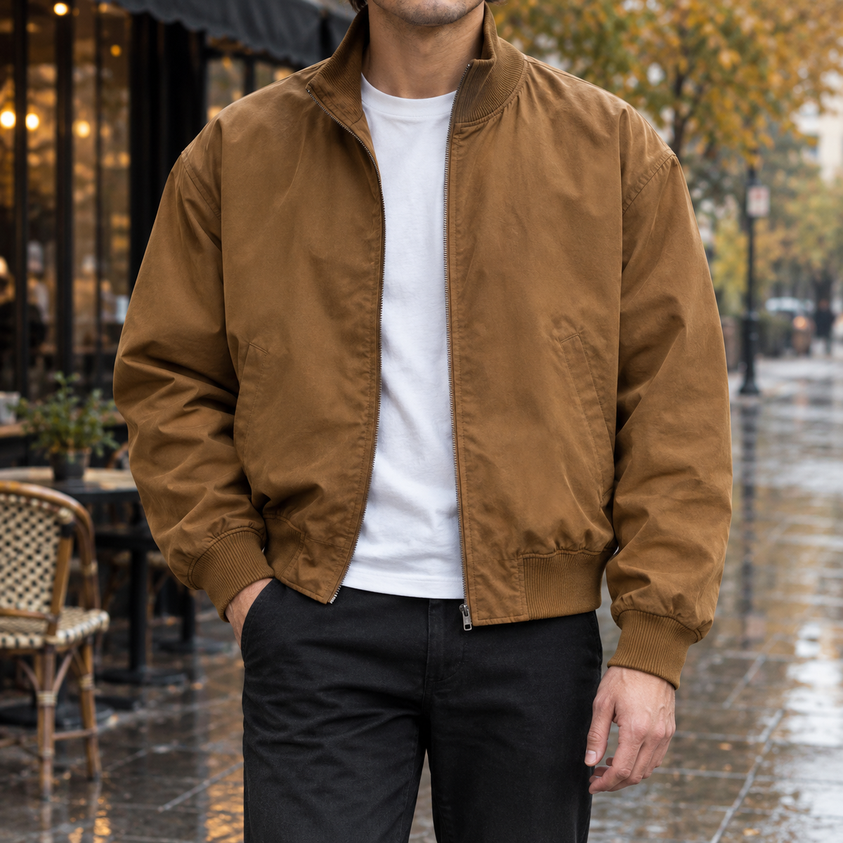 Classic Woven Bomber Jacket Ribbed Collar