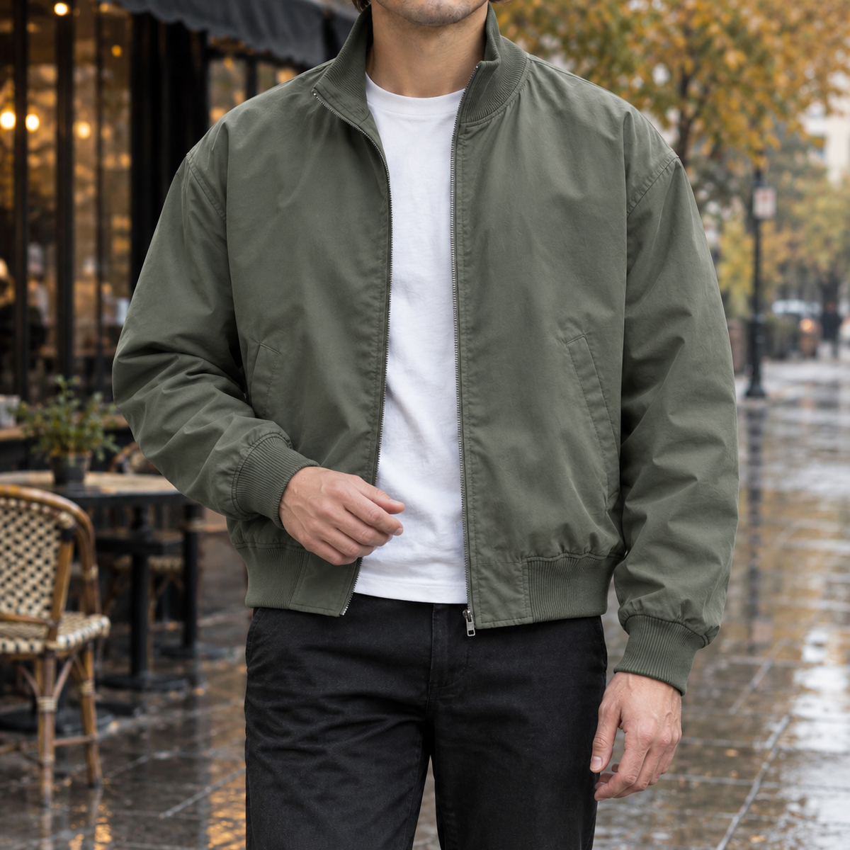 Classic Woven Bomber Jacket Ribbed Collar