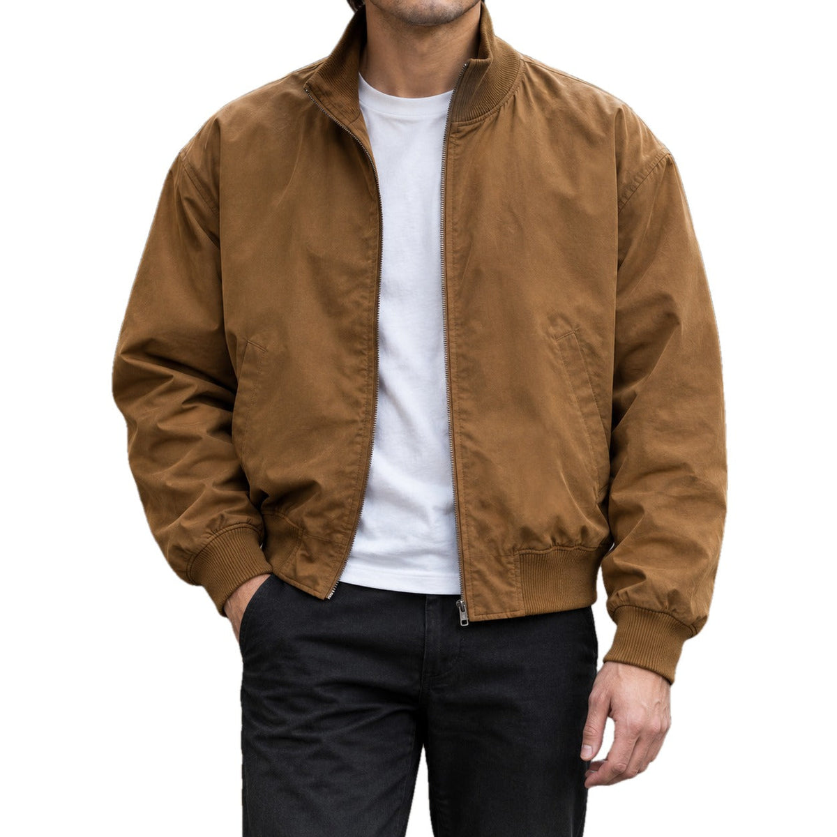 Classic Woven Bomber Jacket Ribbed Collar