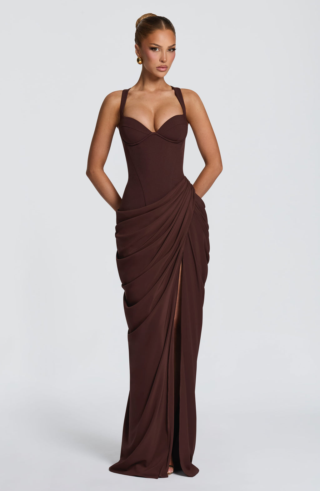 Draped Corset Bodice Maxi Dress Side Slit