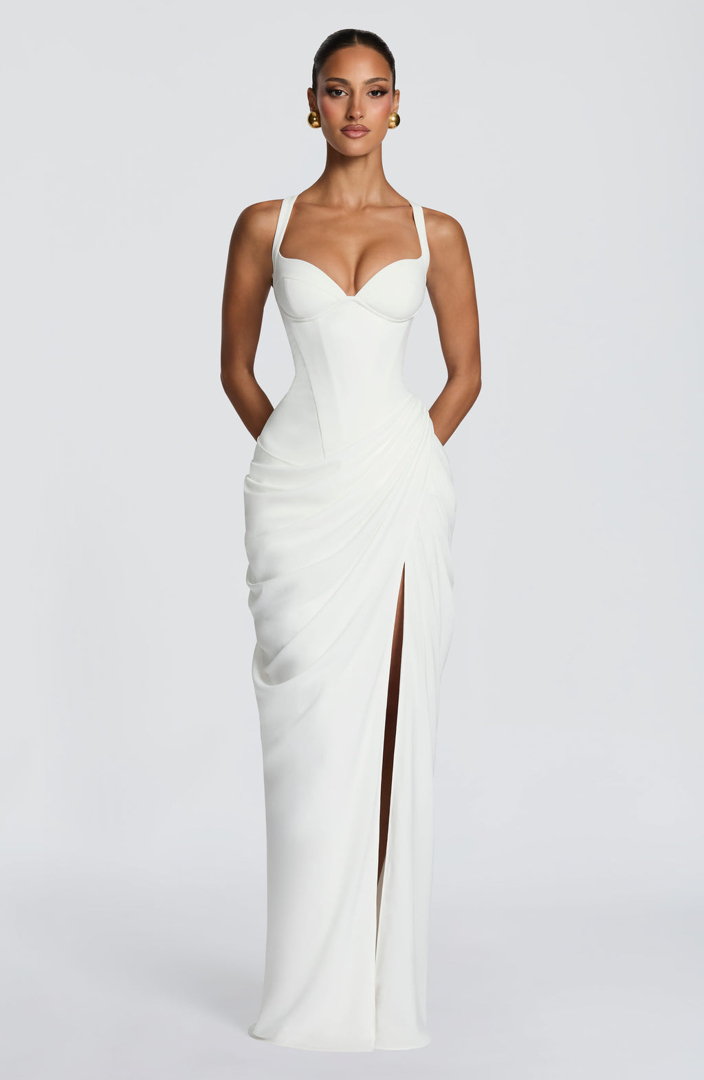 Draped Corset Bodice Maxi Dress Side Slit