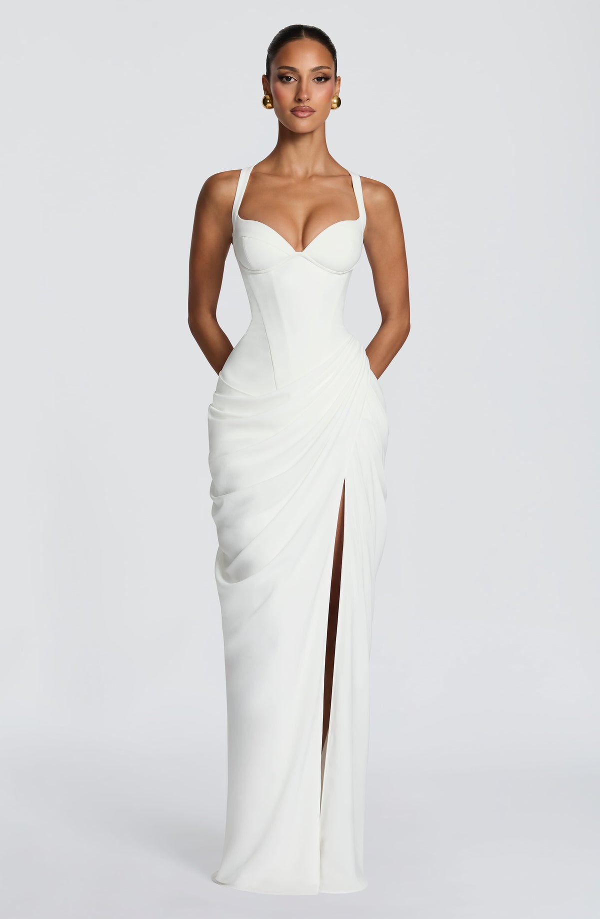 Draped Corset Bodice Maxi Dress Side Slit