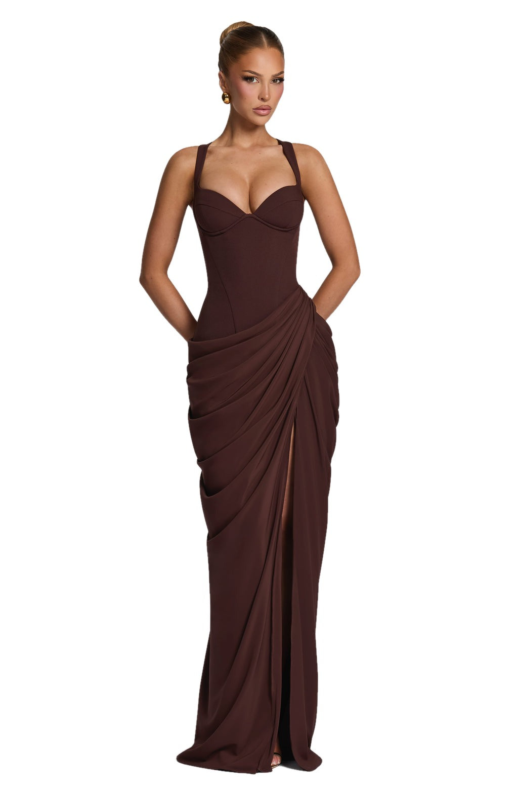 Draped Corset Bodice Maxi Dress Side Slit