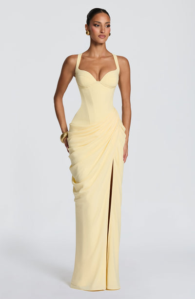 Draped Corset Bodice Maxi Dress Side Slit