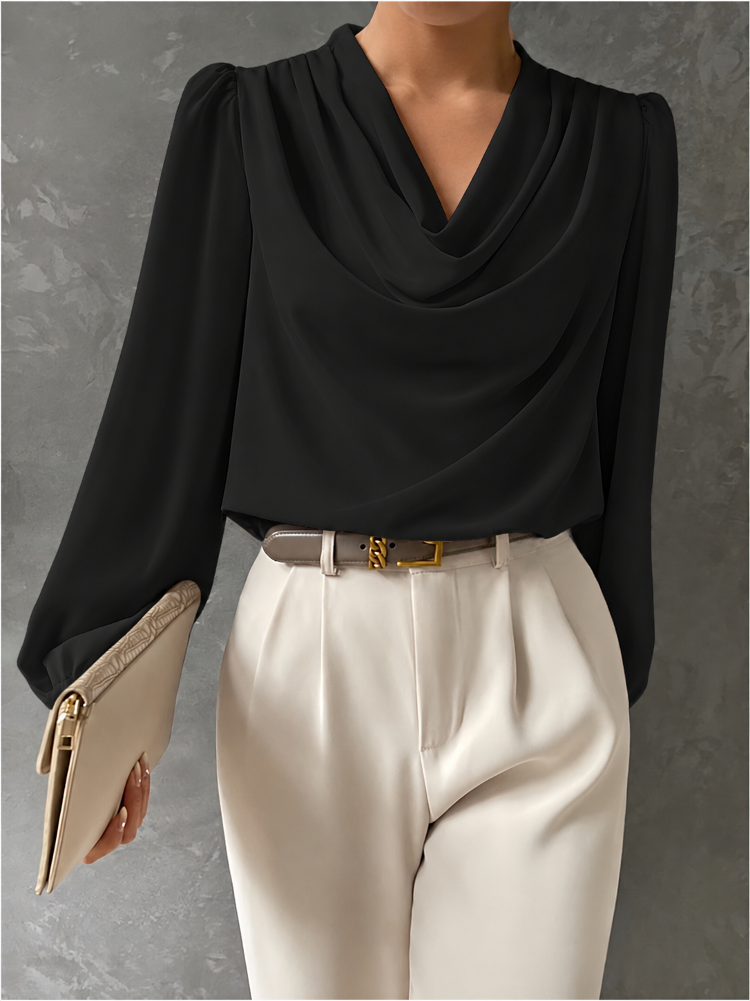 Draped Cowl Neck Blouse Blouson Sleeves