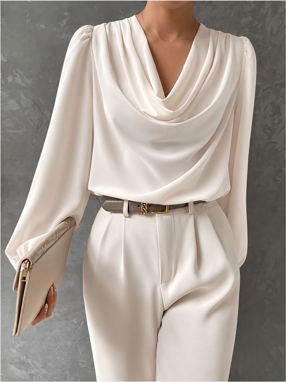 Draped Cowl Neck Blouse Blouson Sleeves