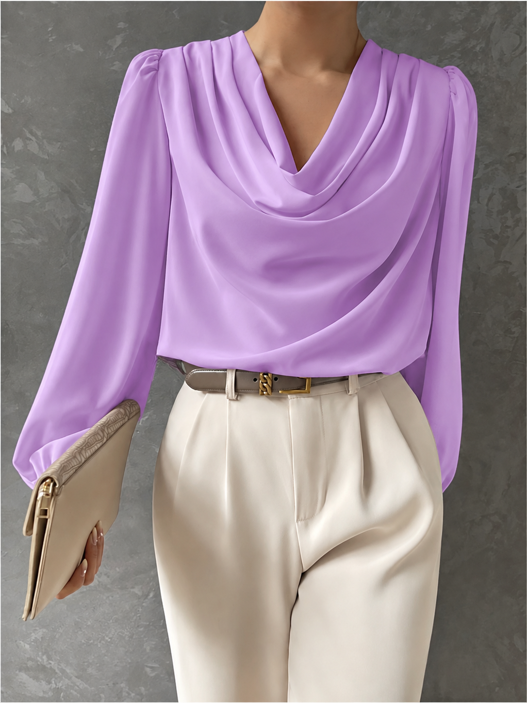 Draped Cowl Neck Blouse Blouson Sleeves
