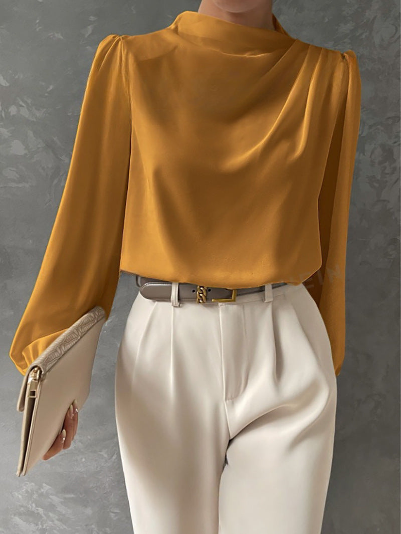 Draped Cowl Neck Blouse Blouson Sleeves