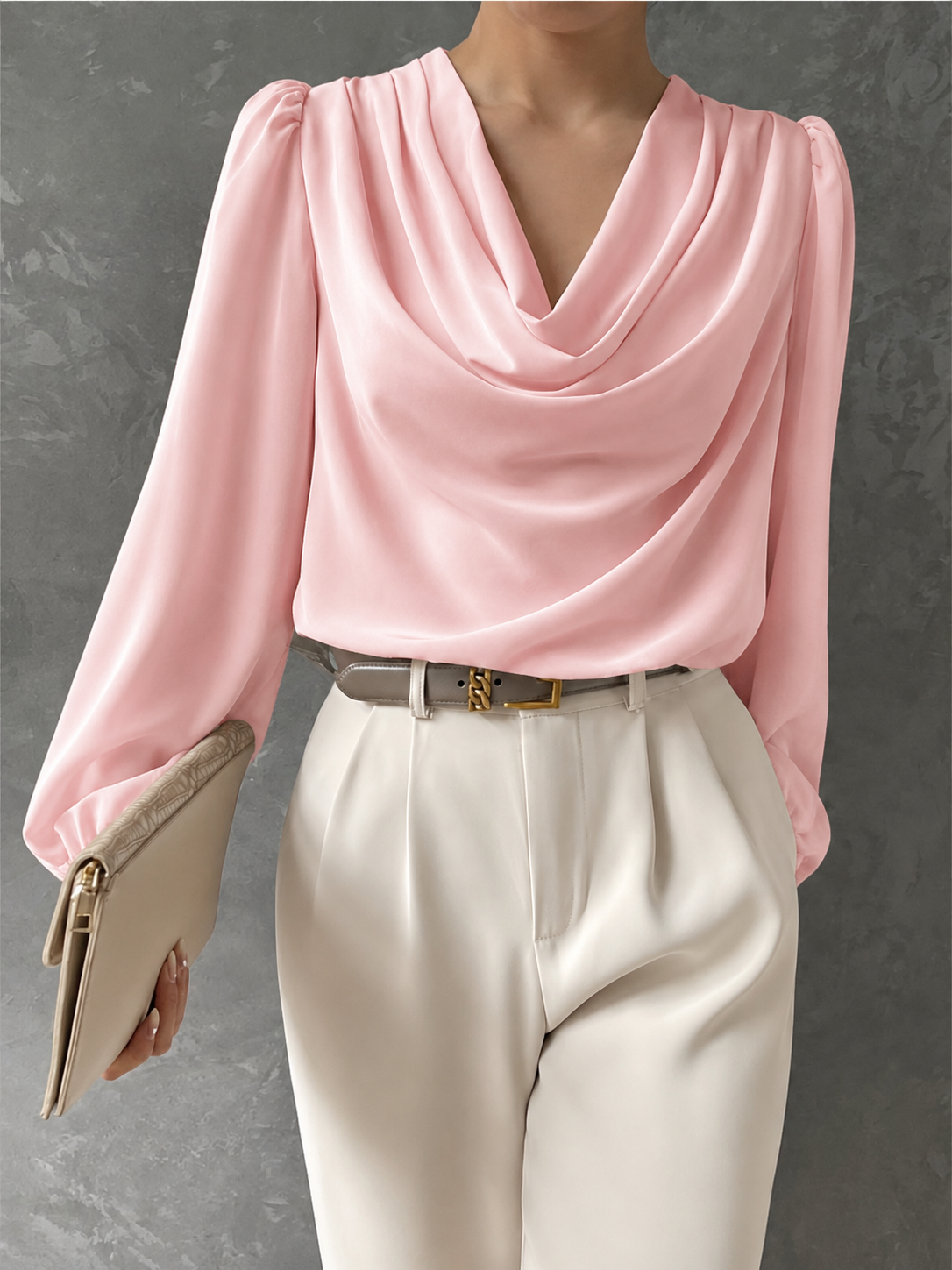Draped Cowl Neck Blouse Blouson Sleeves