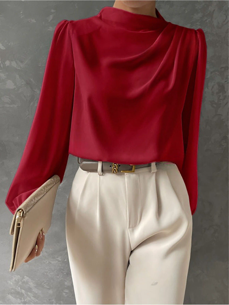 Draped Cowl Neck Blouse Blouson Sleeves