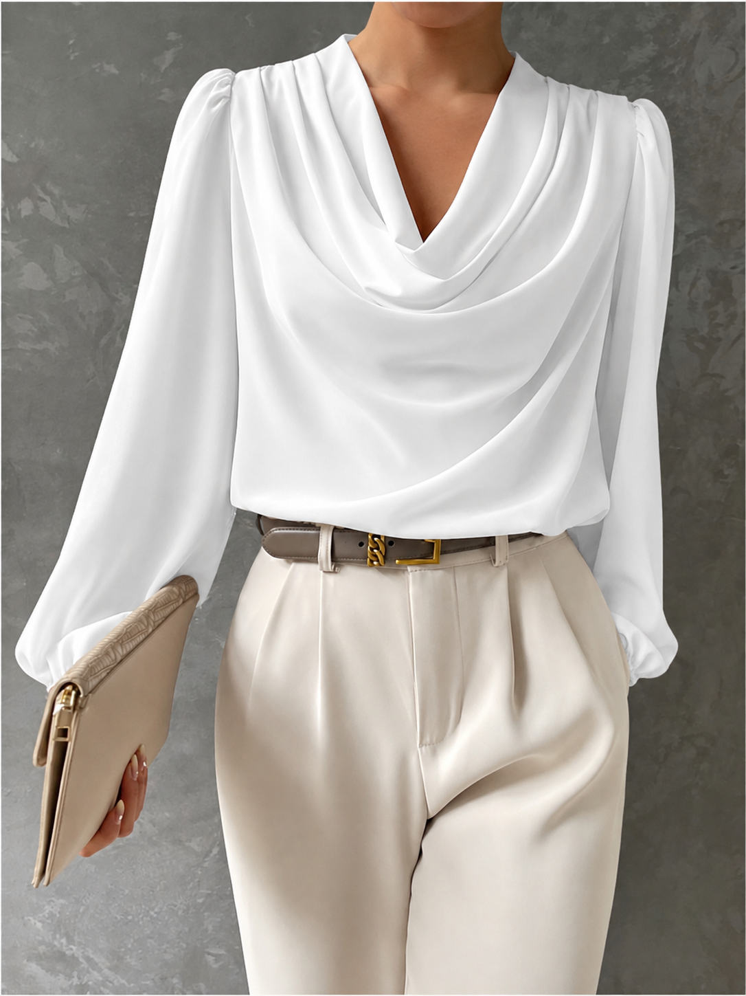 Draped Cowl Neck Blouse Blouson Sleeves