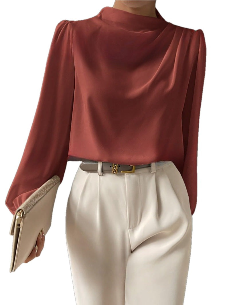 Draped Cowl Neck Blouse Blouson Sleeves