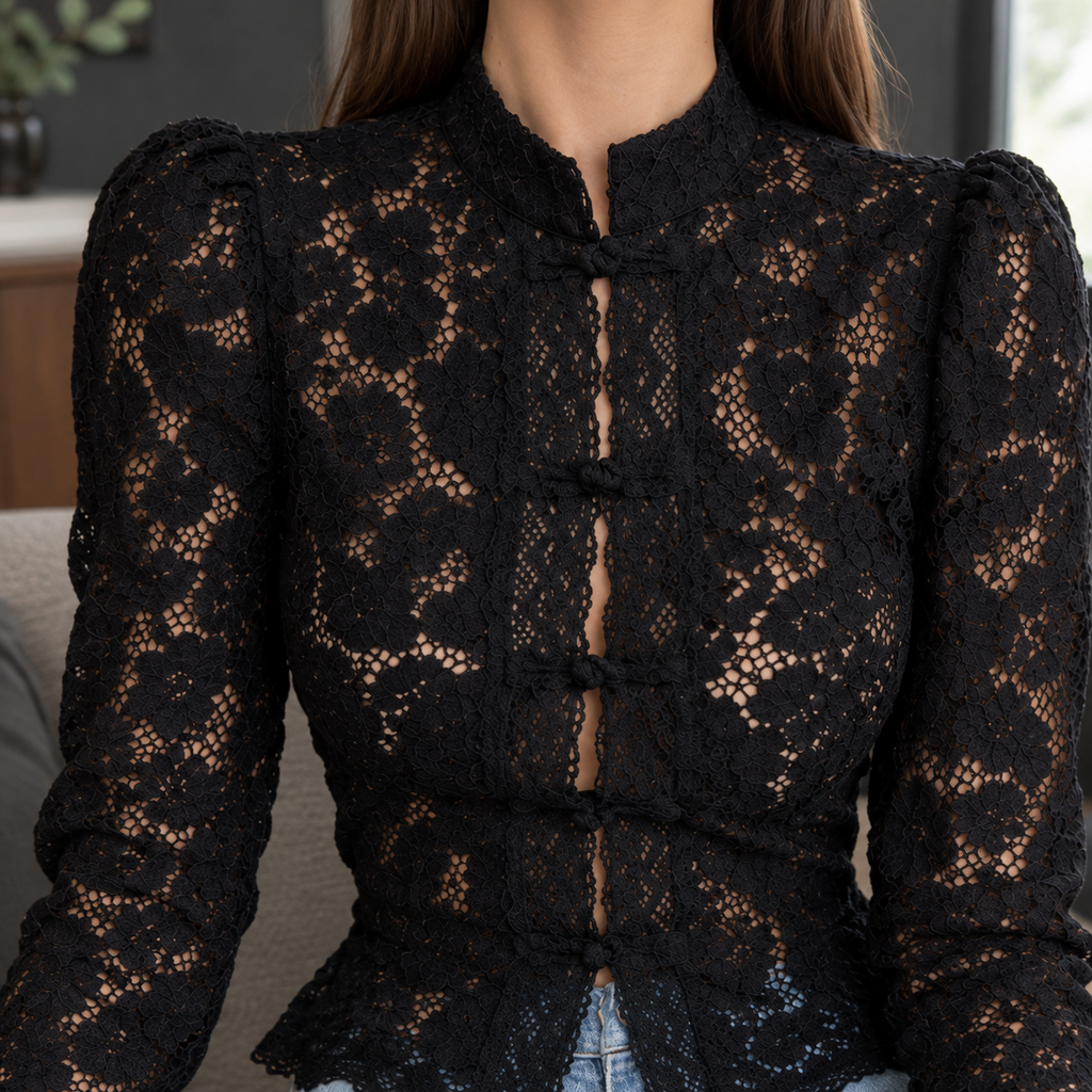 Fitted Floral Lace Blouse Stand Collar