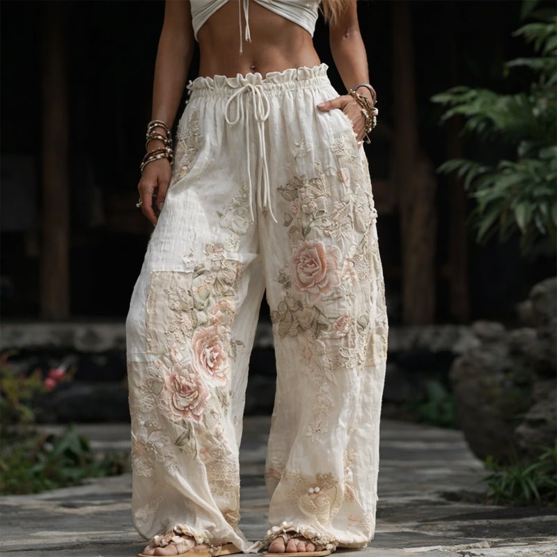 Floral Embroidered Wide Leg Drawstring Pants