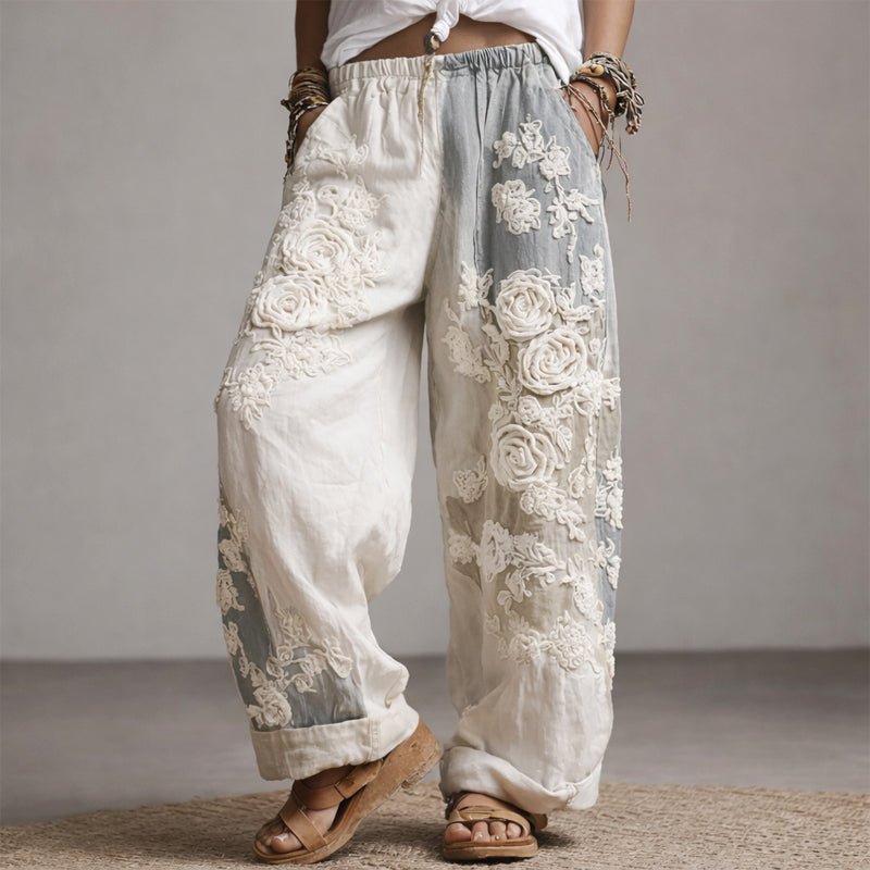 Floral Embroidered Wide Leg Drawstring Pants