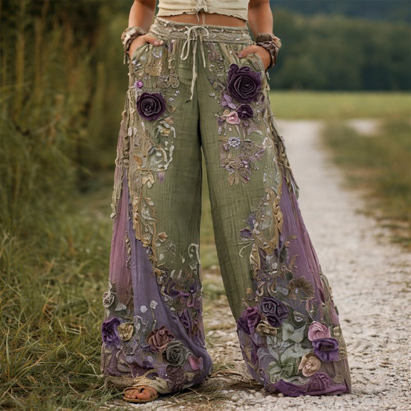 Floral Embroidered Wide Leg Drawstring Pants
