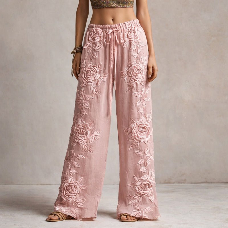 Floral Embroidered Wide Leg Drawstring Pants
