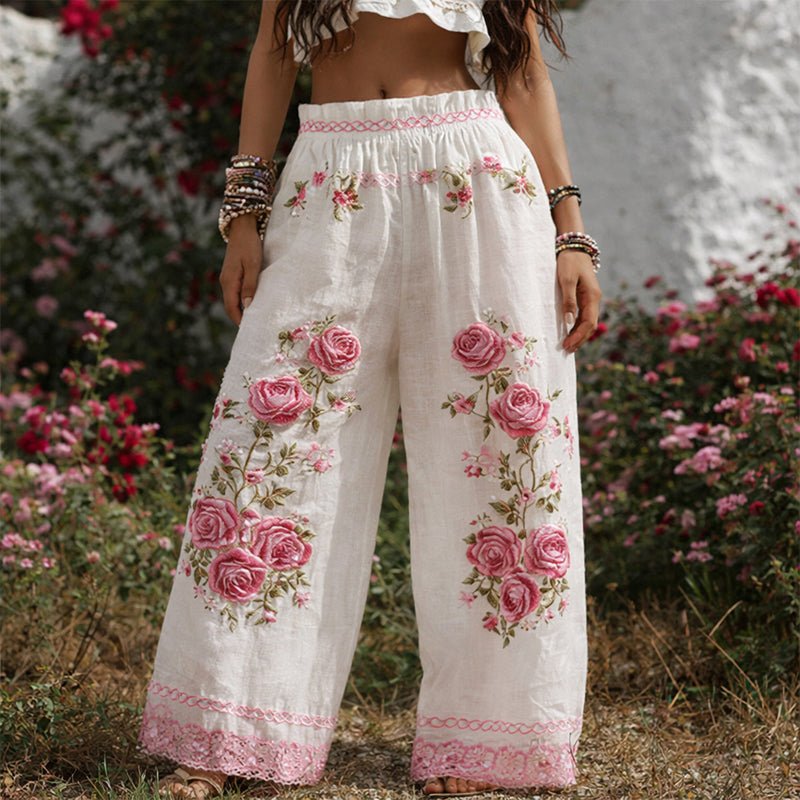 Floral Embroidered Wide Leg Drawstring Pants