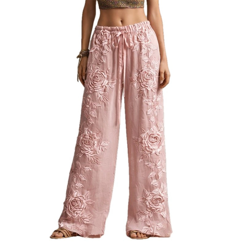 Floral Embroidered Wide Leg Drawstring Pants