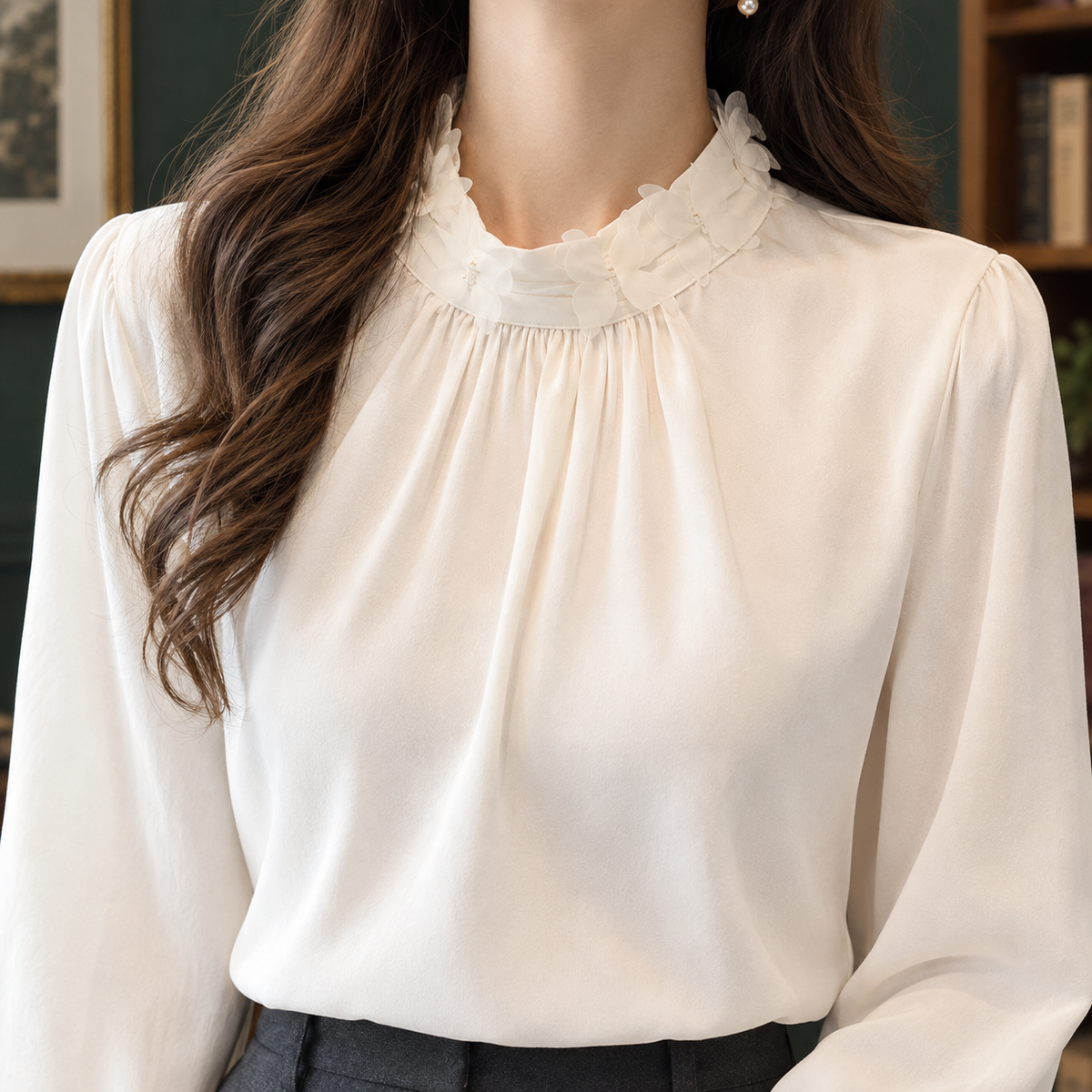 Fluid Ruffle Stand Collar Blouse