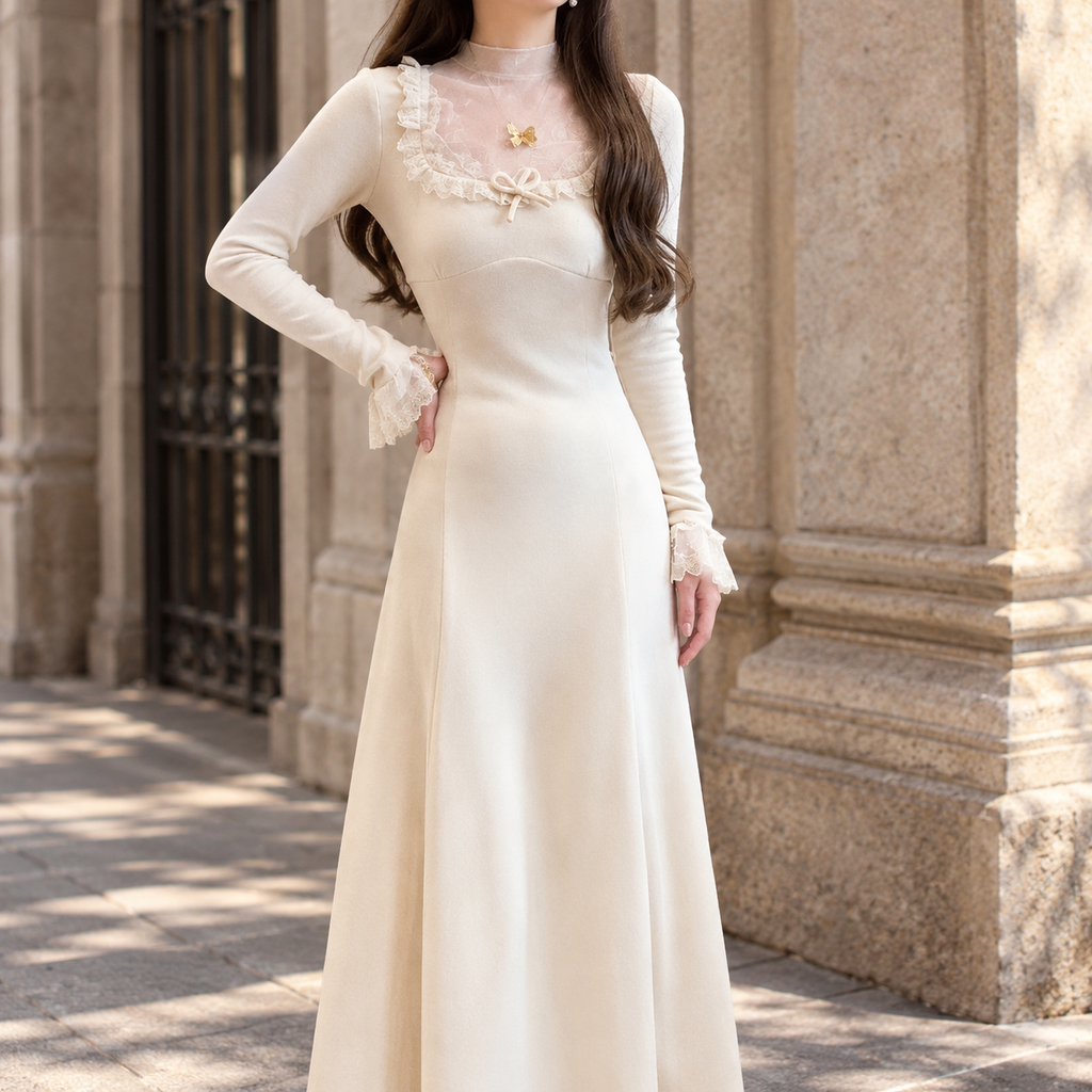 Lace Trim A Line Maxi Dress Sheer Yoke