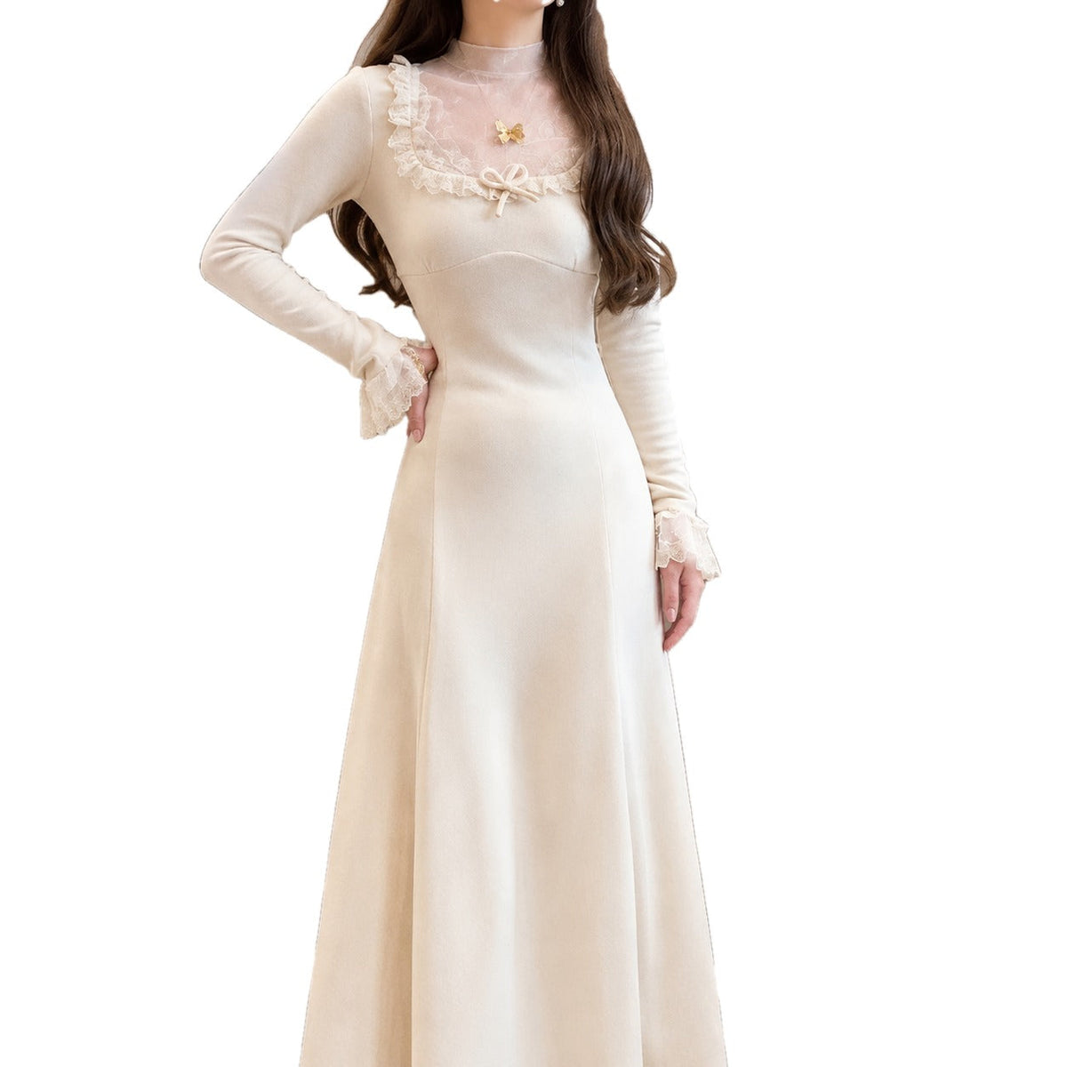 Lace Trim A Line Maxi Dress Sheer Yoke
