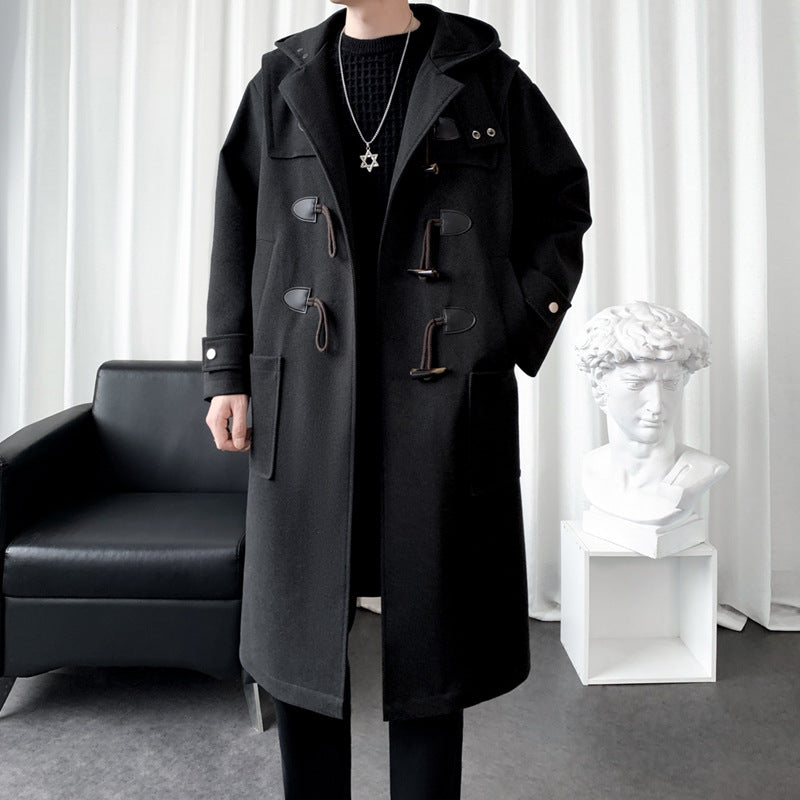 Long Wool Blend Hooded Duffle Coat Toggle Closure