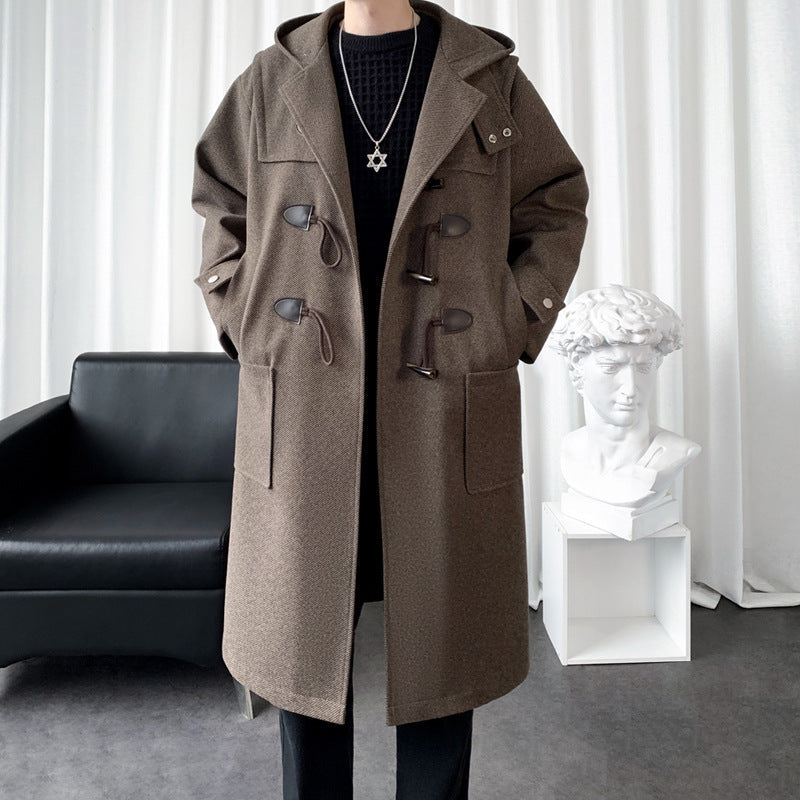 Long Wool Blend Hooded Duffle Coat Toggle Closure