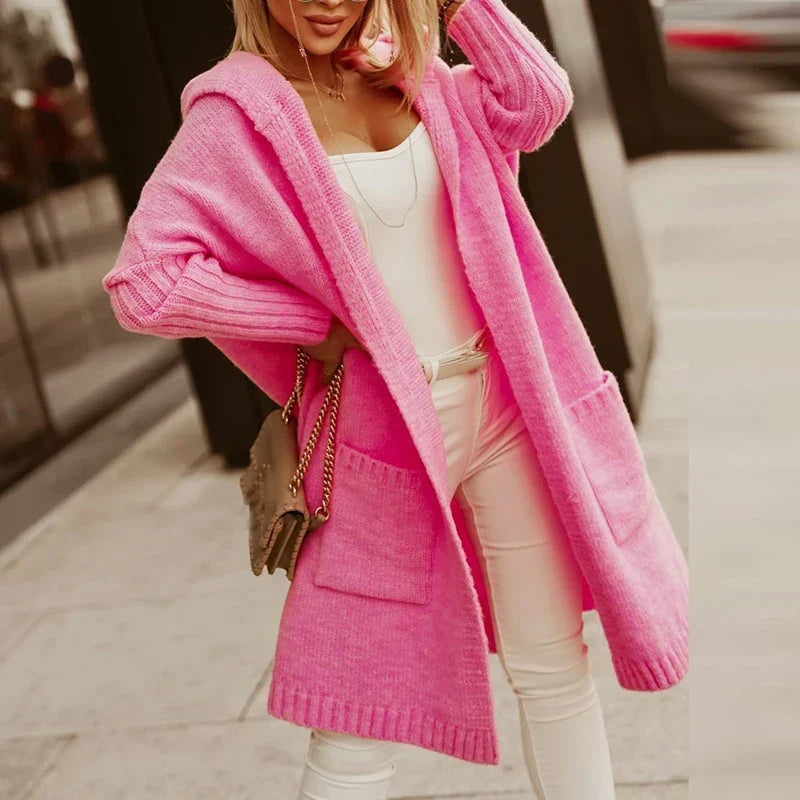 Oversized Long Hooded Knit Cardigan Pockets