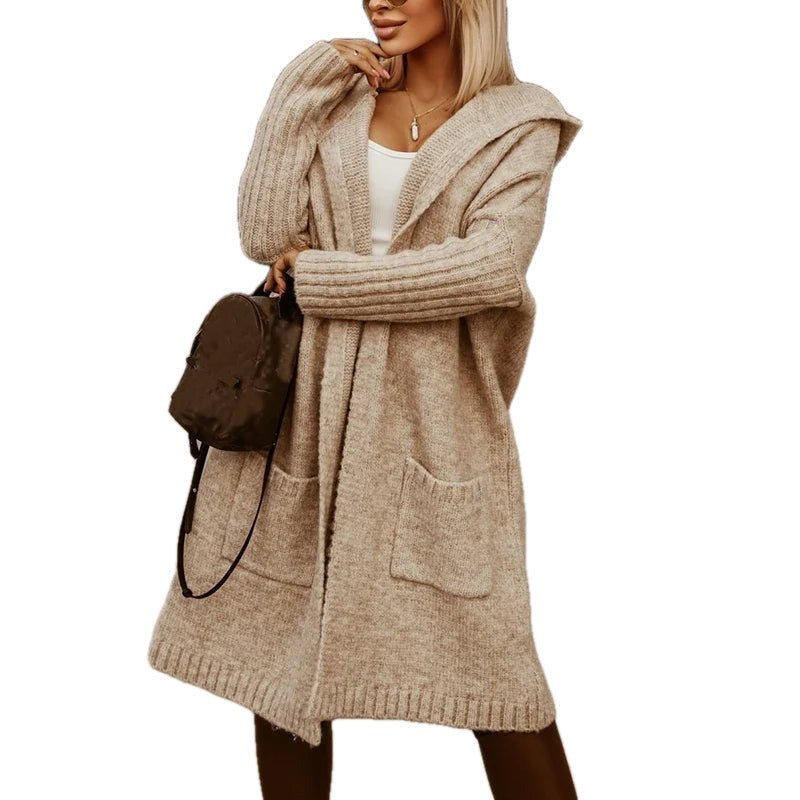 Oversized Long Hooded Knit Cardigan Pockets